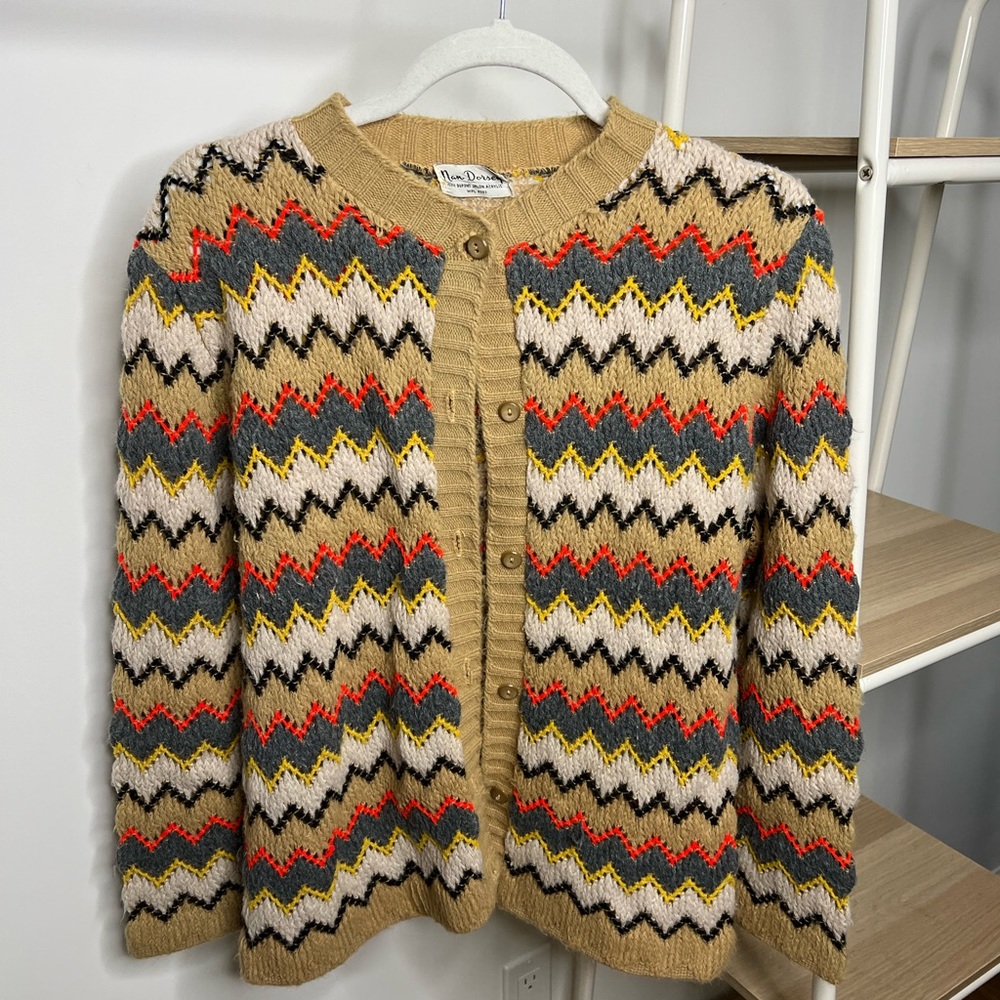 Vintage 1970’s Nan Dorsey sweater, jagged striped acrylic cardigan, size L